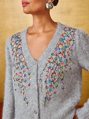 Love & Roses Grey Multicolored Sequin Detail V-Neck Cosy Knitted Cardigan - Image 2 of 4