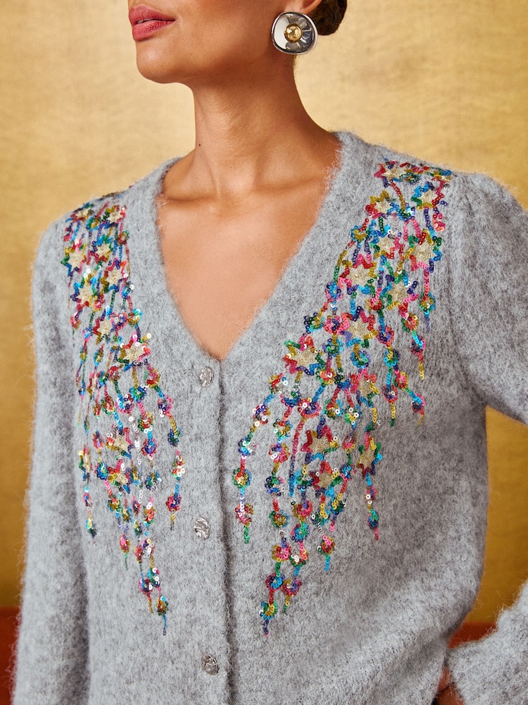 Love & Roses Grey Multicolored Sequin Detail V-Neck Cosy Knitted Cardigan - Image 2 of 4