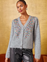 Love & Roses Grey Multicolored Sequin Detail V-Neck Cosy Knitted Cardigan - Image 4 of 4