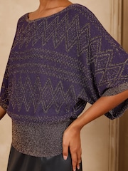 Love & Roses Purple Sparkle Detail Batwing Slash Neck Knitted Party Top - Image 2 of 5