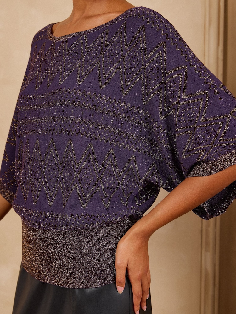 Love & Roses Purple Sparkle Detail Batwing Slash Neck Knitted Party Top - Image 2 of 5 Love & Roses Purple Sparkle Detail Batwing Slash Neck Knitted Party Top - Image 2 of 5