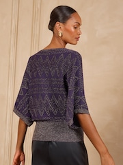 Love & Roses Purple Sparkle Detail Batwing Slash Neck Knitted Party Top - Image 5 of 5