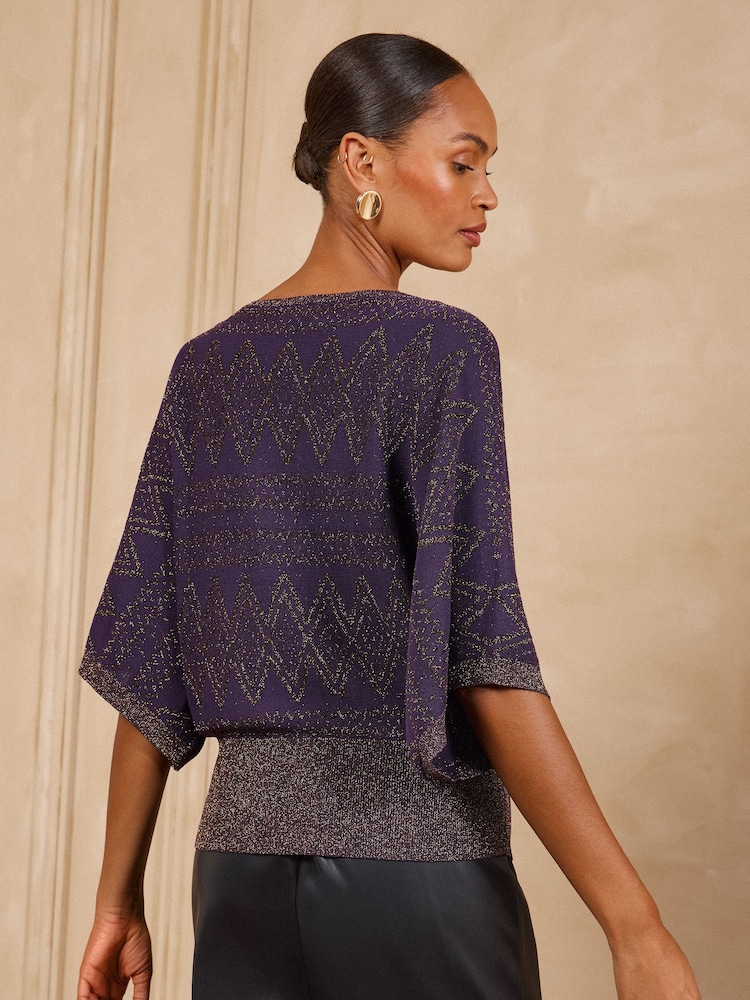 Love & Roses Purple Sparkle Detail Batwing Slash Neck Knitted Party Top - Image 5 of 5 Love & Roses Purple Sparkle Detail Batwing Slash Neck Knitted Party Top - Image 5 of 5