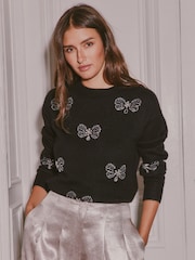 Love & Roses X V&A Black Crew Neck Embellished Butterfly Detail Knitted Jumper - Image 1 of 4