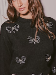 Love & Roses X V&A Black Crew Neck Embellished Butterfly Detail Knitted Jumper - Image 2 of 4