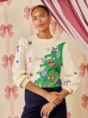 Love & Roses Embroidered Christmas Tree Bow Detail Crew Neck Knitted Jumper - Billede 1 af 5