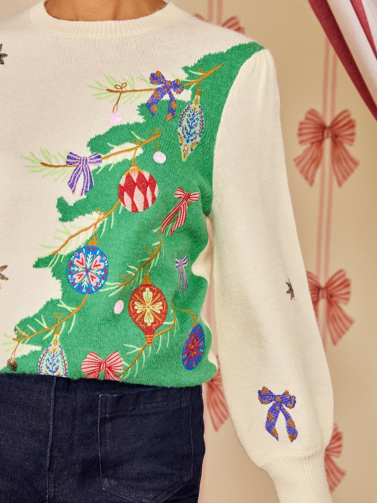 Love & Roses Embroidered Christmas Tree Bow Detail Crew Neck Knitted Jumper - Billede 2 af 5