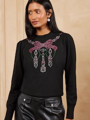 Love & Roses X V&A Black Embellished Bow High Neck Knitted Jumper - Image 1 of 7