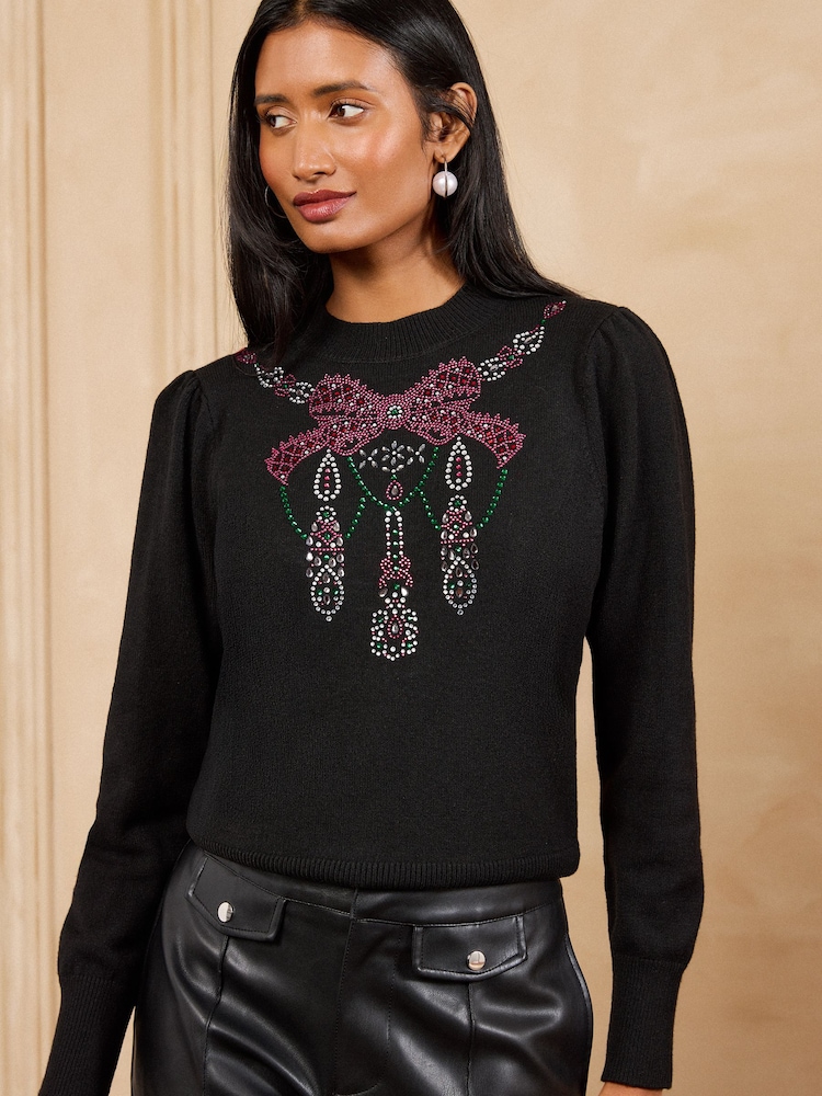 Love & Roses X V&A Black Embellished Bow High Neck Knitted Jumper - Image 1 of 7