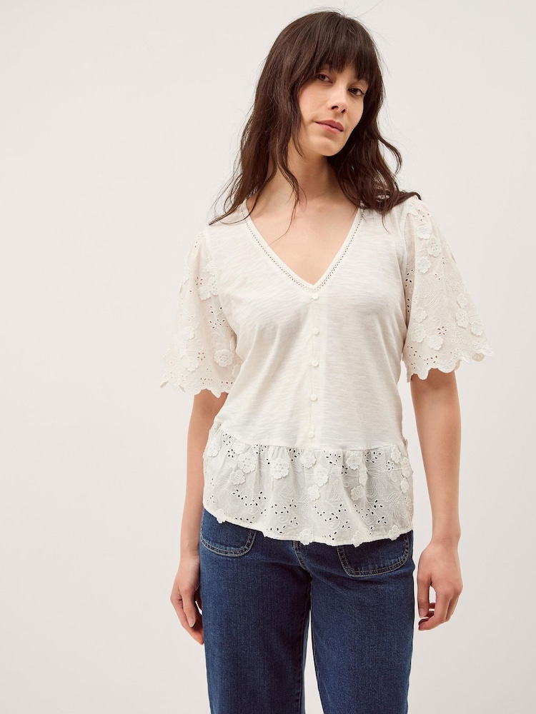 Monsoon Cream Freya V-Neck Floral Broderie Top - Image 1 of 5