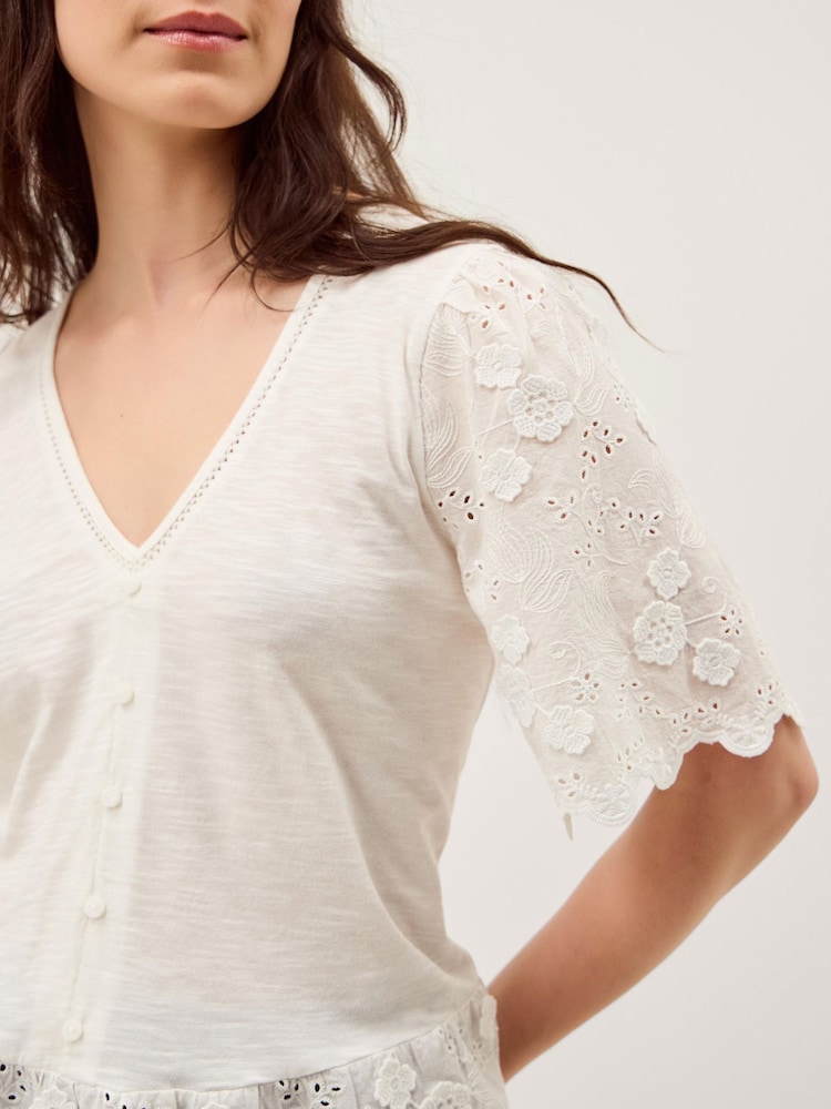 Monsoon Cream Freya V-Neck Floral Broderie Top - Image 2 of 5