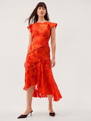 Monsoon Orange Josie Jacquard Floral Midi Dress - Image 1 of 5