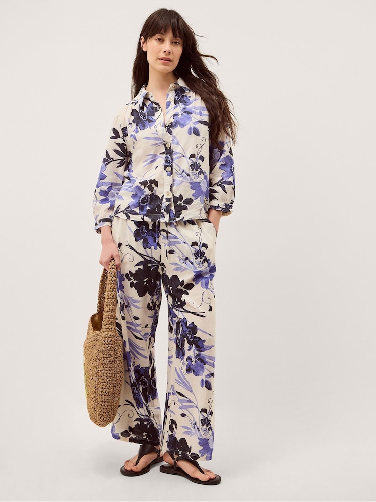 Monsoon Blue Nicolette Floral Linen Blend Wide Leg Trousers - Image 1 of 4