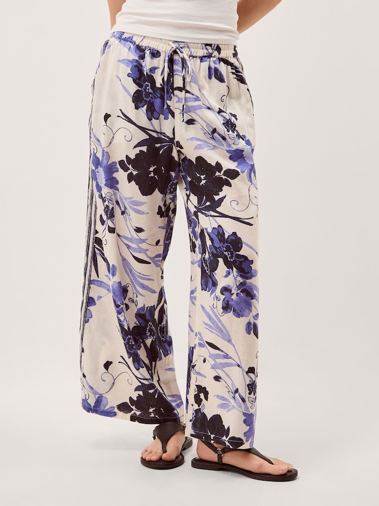 Monsoon Blue Nicolette Floral Linen Blend Wide Leg Trousers - Image 2 of 4
