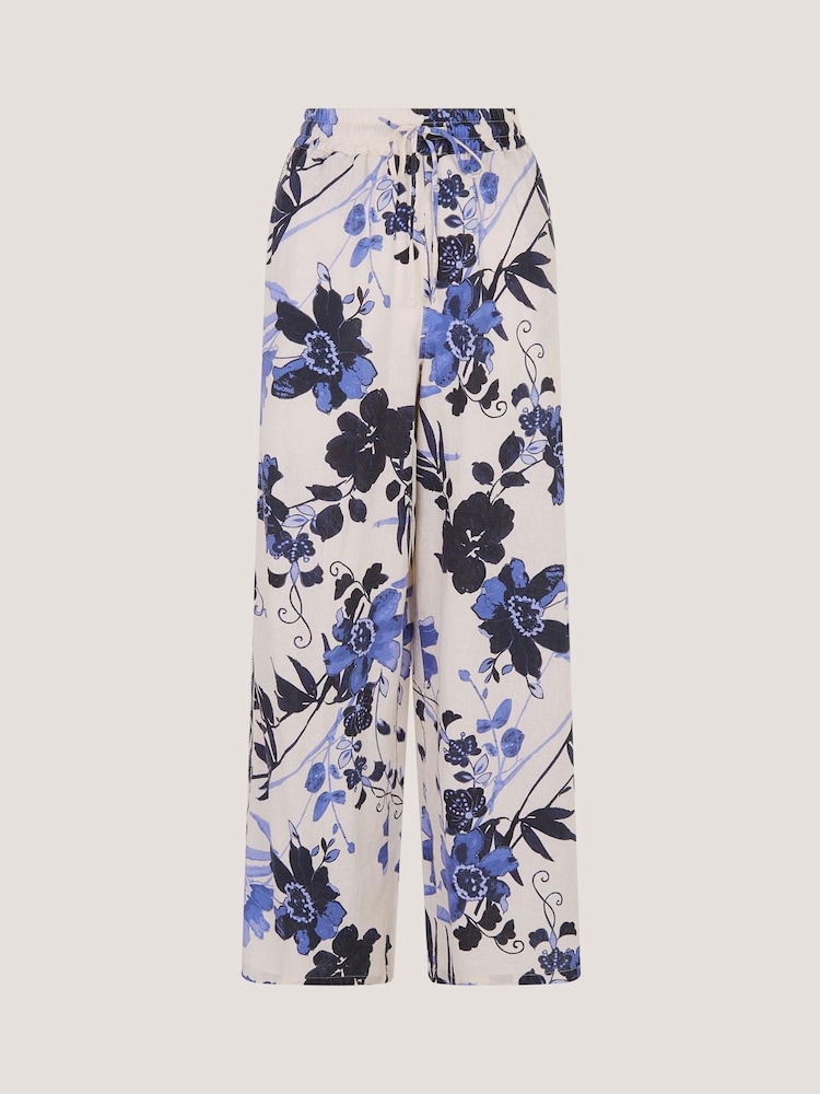 Monsoon Blue Nicolette Floral Linen Blend Wide Leg Trousers - Image 4 of 4