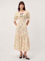 Monsoon Cream Sienna Frill Neck Floral Print Midi Dress - Image 1 of 5