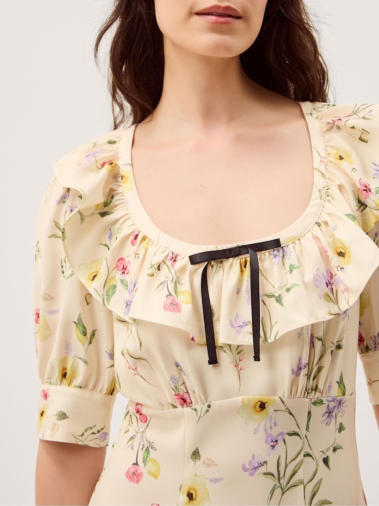 Monsoon Cream Sienna Frill Neck Floral Print Midi Dress - Image 2 of 5