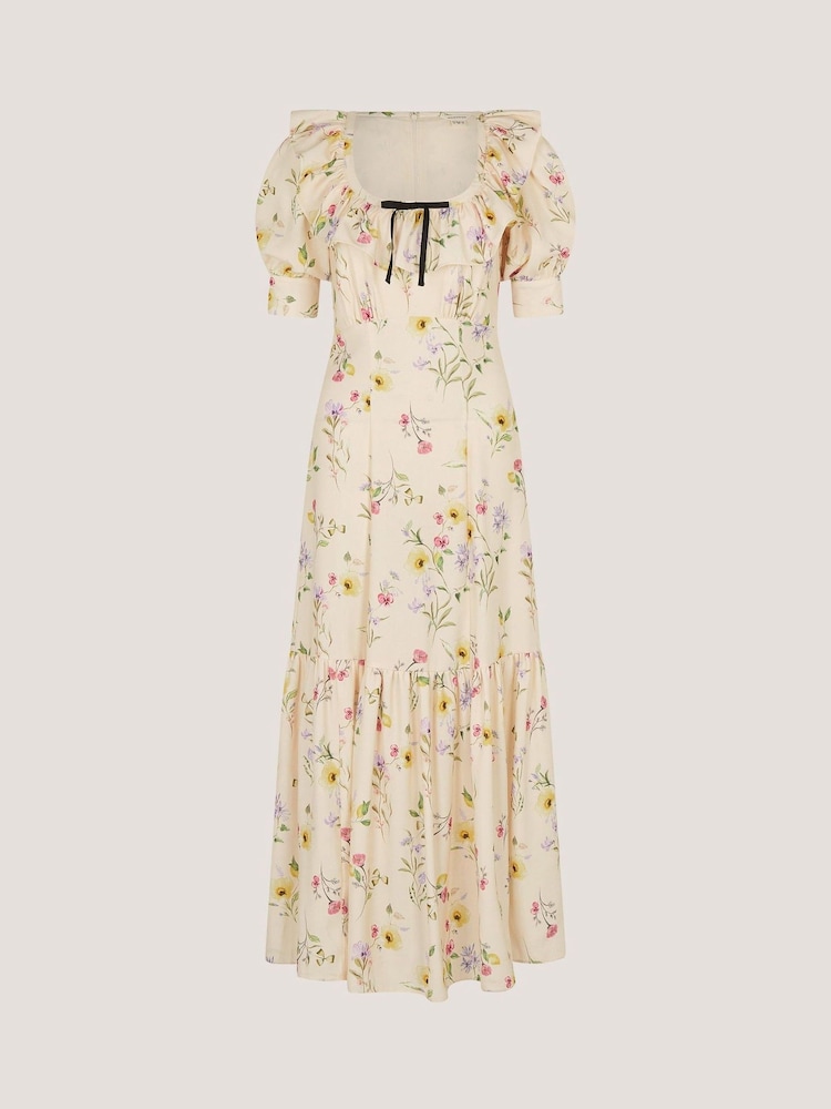 Monsoon Cream Sienna Frill Neck Floral Print Midi Dress - Image 5 of 5