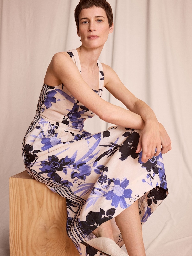Monsoon Blue Nicolette Floral Linen Blend Midi Dress - Image 1 of 5 Monsoon Blue Nicolette Floral Linen Blend Midi Dress - Image 1 of 5