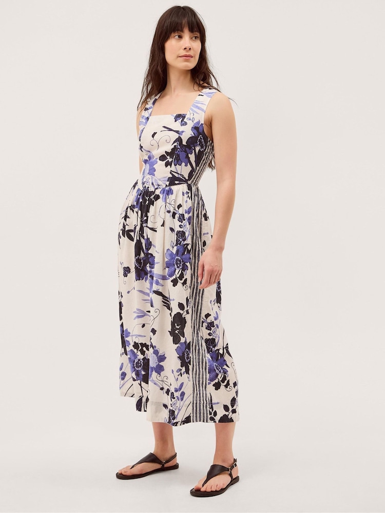 Monsoon Blue Nicolette Floral Linen Blend Midi Dress - Image 2 of 5 Monsoon Blue Nicolette Floral Linen Blend Midi Dress - Image 2 of 5