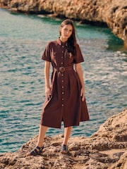 Celtic & Co. Brown Belted Safari Midi Shirt Dress - Image 1 of 9