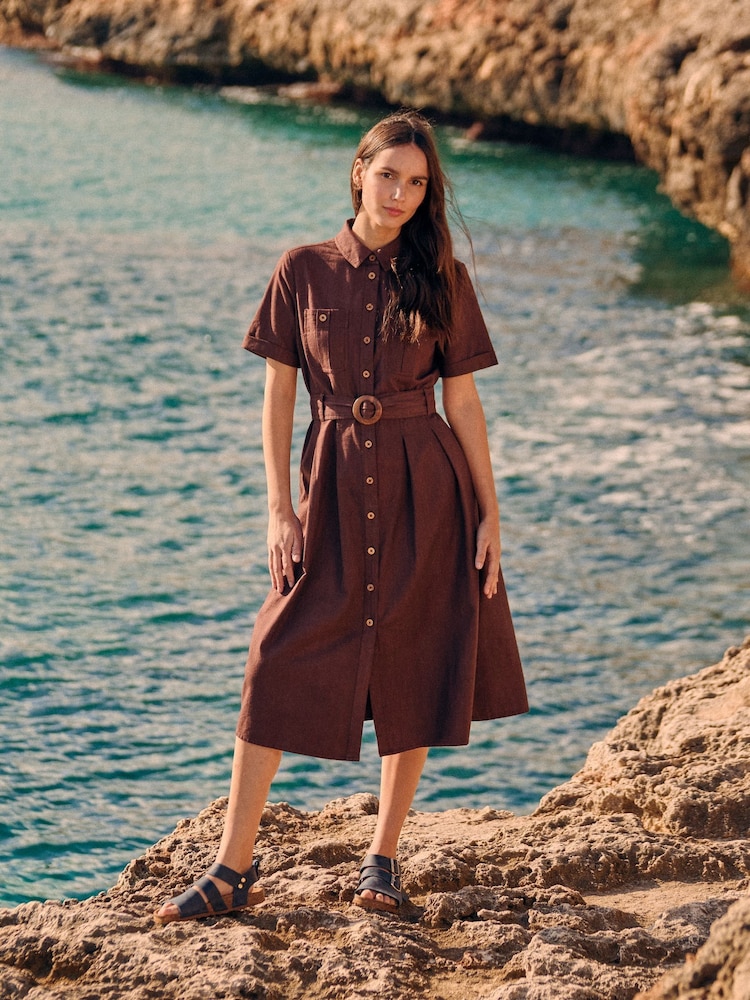 Celtic & Co. Brown Belted Safari Midi Shirt Dress - Image 1 of 9