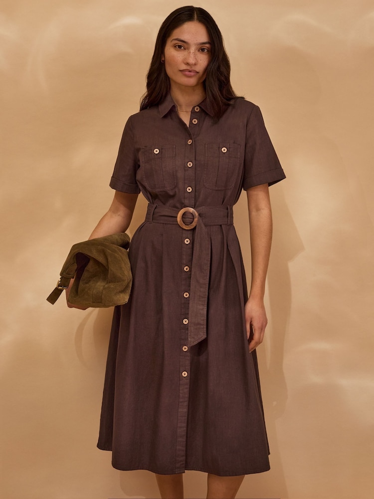 Celtic & Co. Women's Cotton Belted Safari Midi Shirt Dress - Chocolate Brown