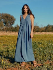 Celtic & Co. Blue Linen Blend Sleeveless V-Neck Maxi Swing Dress - Image 1 of 8