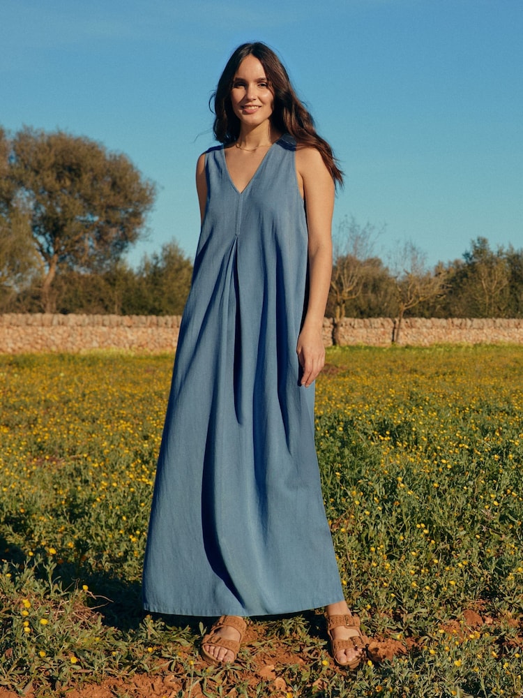 Celtic & Co. Blue Linen Blend Sleeveless V-Neck Maxi Swing Dress - Image 1 of 8