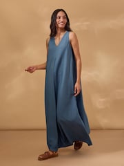 Celtic & Co. Blue Linen Blend Sleeveless V-Neck Maxi Swing Dress - Image 2 of 8