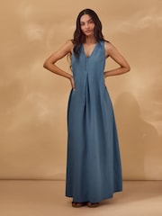 Celtic & Co. Blue Linen Blend Sleeveless V-Neck Maxi Swing Dress - Image 3 of 8