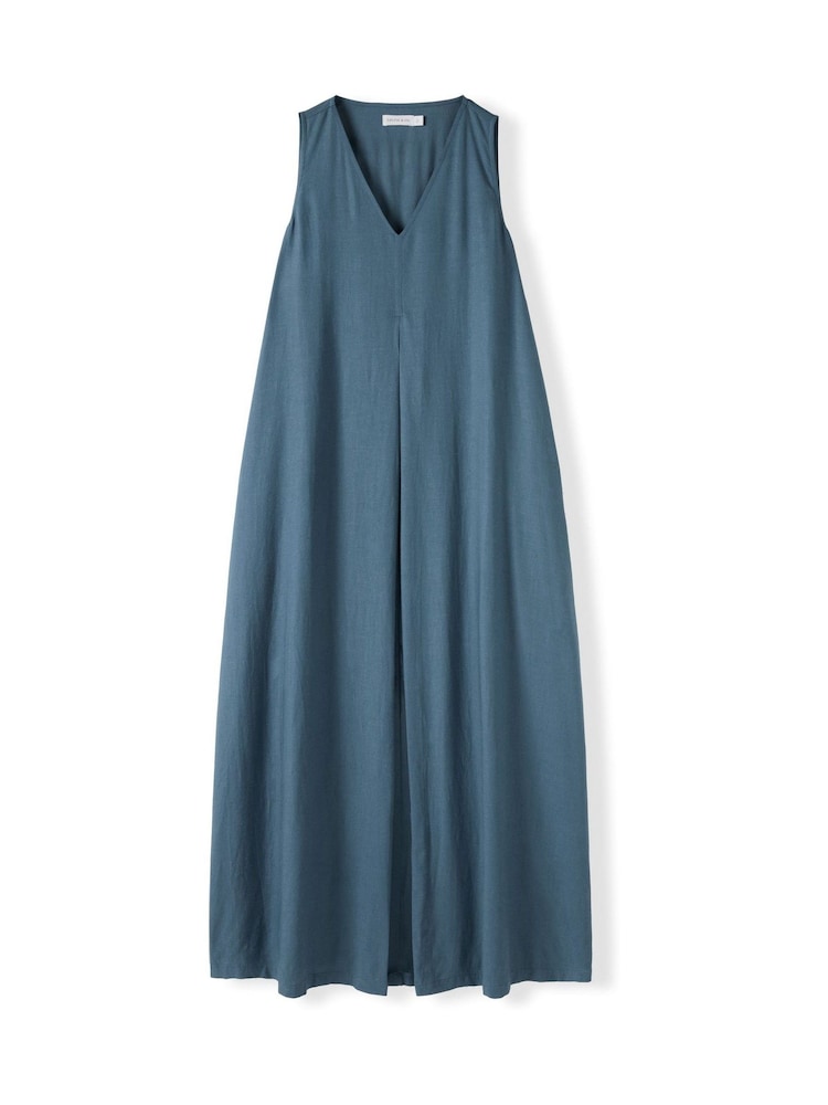 Celtic & Co. Blue Linen Blend Sleeveless V-Neck Maxi Swing Dress - Image 8 of 8