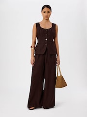 Whistles Brown Petite Wide Leg Linen Trousers - Image 1 of 5