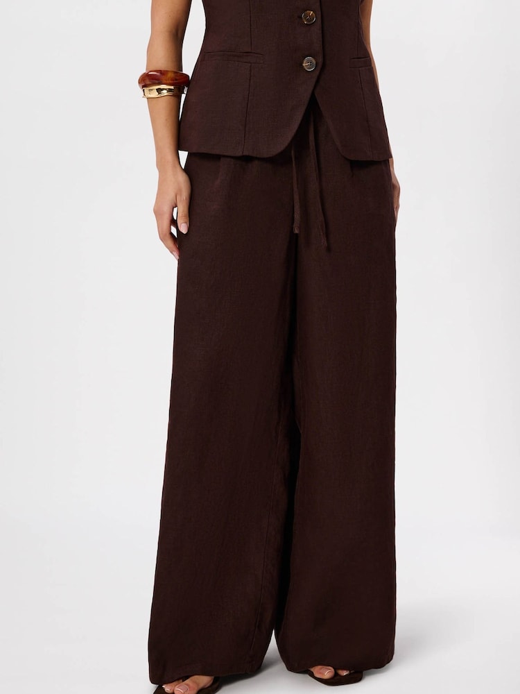 Whistles Brown Petite Wide Leg Linen Trousers - Image 2 of 5