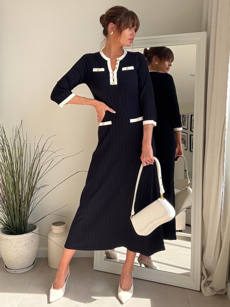Style Cheat Blue Contrast Ribbed Pocket Midi Dress - Image 1 of 5 Style Cheat Blue Contrast Ribbed Pocket Midi Dress - Image 1 of 5