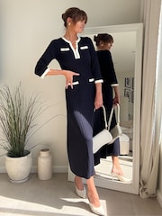 Style Cheat Blue Contrast Ribbed Pocket Midi Dress - Image 2 of 5