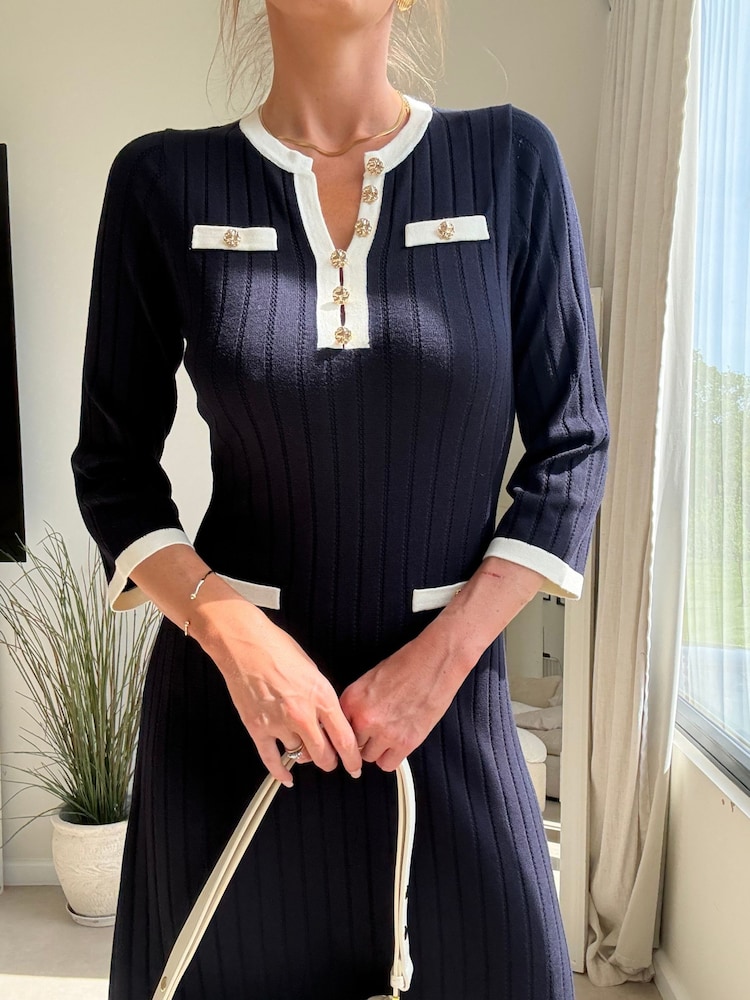 Style Cheat Blue Contrast Ribbed Pocket Midi Dress - Image 5 of 5 Style Cheat Blue Contrast Ribbed Pocket Midi Dress - Image 5 of 5