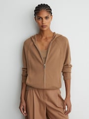 Reiss Camel Evie Wool-Blend Zip-Through Hoodie with Cashmere - Image 1 of 6