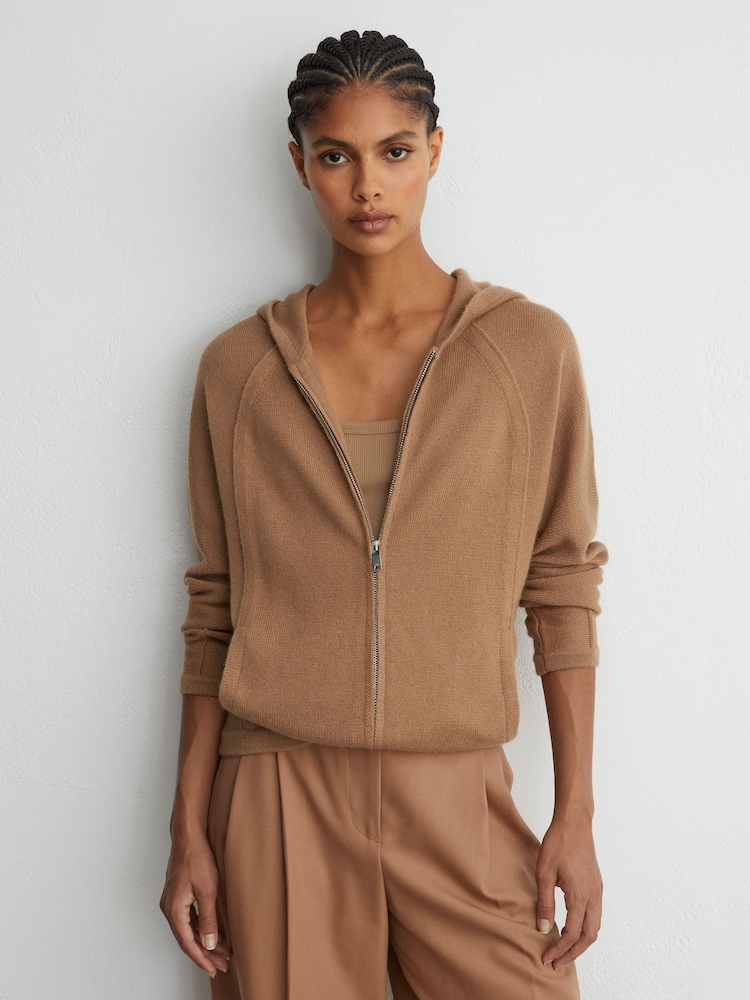Reiss Camel Evie Wool-Blend Zip-Through Hoodie with Cashmere - Image 1 of 6 Reiss Camel Evie Wool-Blend Zip-Through Hoodie with Cashmere - Image 1 of 6