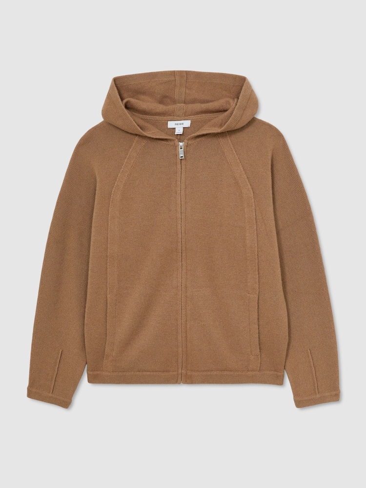 Reiss Camel Evie Wool-Blend Zip-Through Hoodie with Cashmere - Image 2 of 6 Reiss Camel Evie Wool-Blend Zip-Through Hoodie with Cashmere - Image 2 of 6