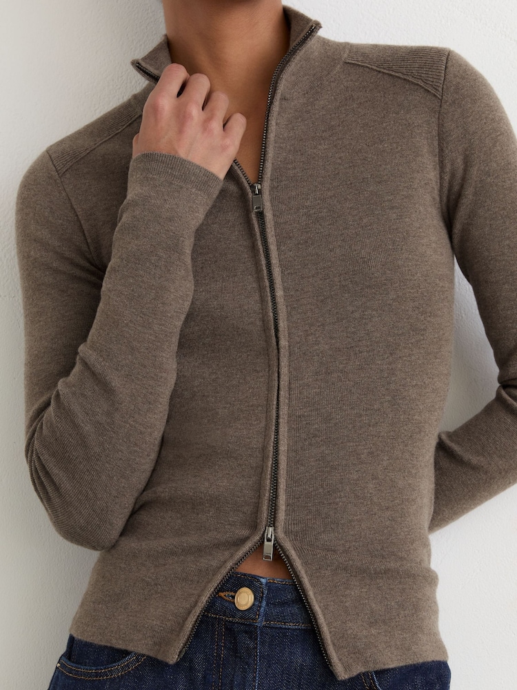 Reiss Taupe Neutral Ava Wool-Blend Knit Zip-Through Top - Image 1 of 7 Reiss Taupe Neutral Ava Wool-Blend Knit Zip-Through Top - Image 1 of 7