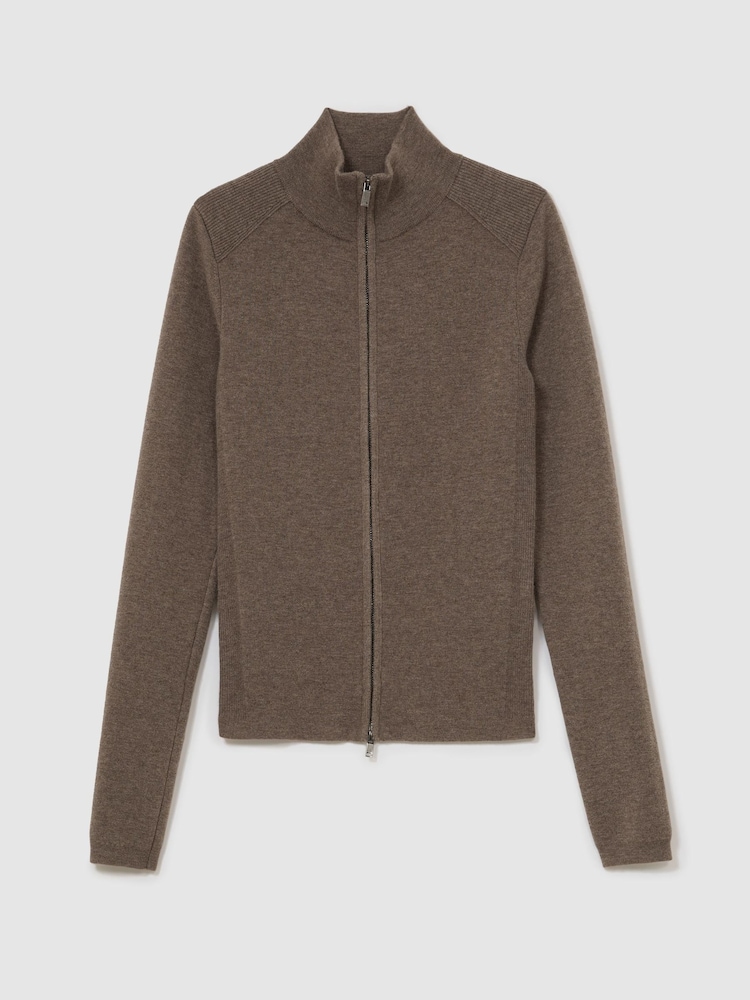 Reiss Taupe Neutral Ava Wool-Blend Knit Zip-Through Top - Image 2 of 7 Reiss Taupe Neutral Ava Wool-Blend Knit Zip-Through Top - Image 2 of 7