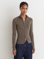 Reiss Taupe Neutral Ava Wool-Blend Knit Zip-Through Top - Image 4 of 7