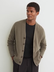Reiss Sable Green Padstow 100% Cashmere V-Neck Cardigan - Image 1 of 7