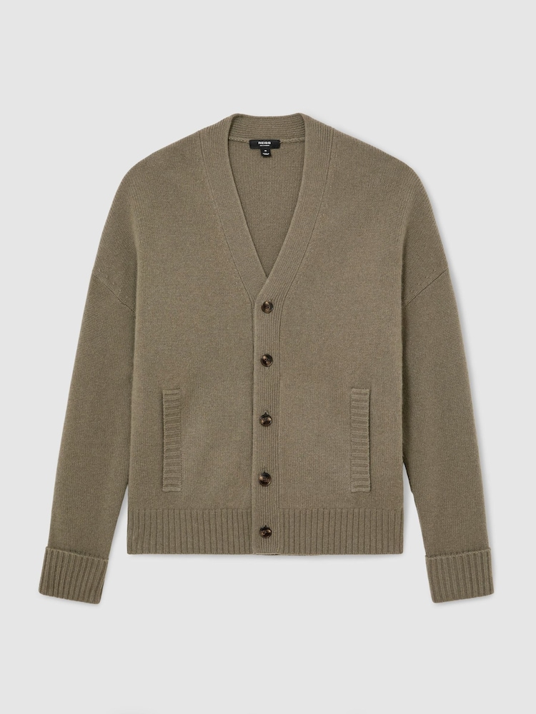 Reiss Sable Green Padstow 100% Cashmere V-Neck Cardigan - Image 2 of 7 Reiss Sable Green Padstow 100% Cashmere V-Neck Cardigan - Image 2 of 7