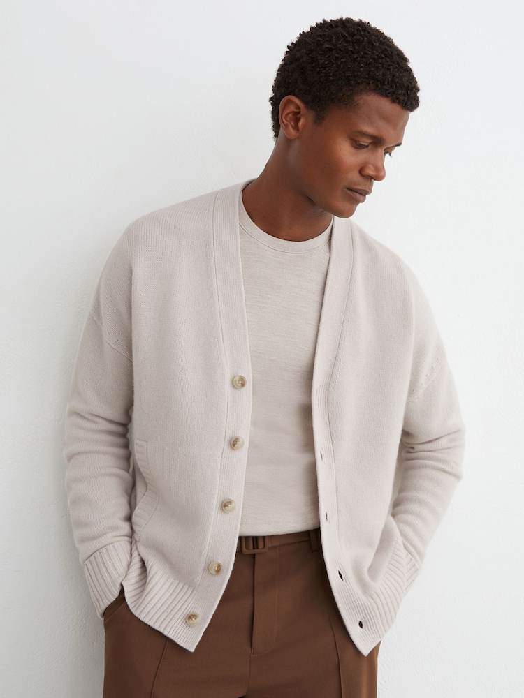 Reiss Parchment Grey Padstow 100% Cashmere V-Neck Cardigan - Image 1 of 7 Reiss Parchment Grey Padstow 100% Cashmere V-Neck Cardigan - Image 1 of 7