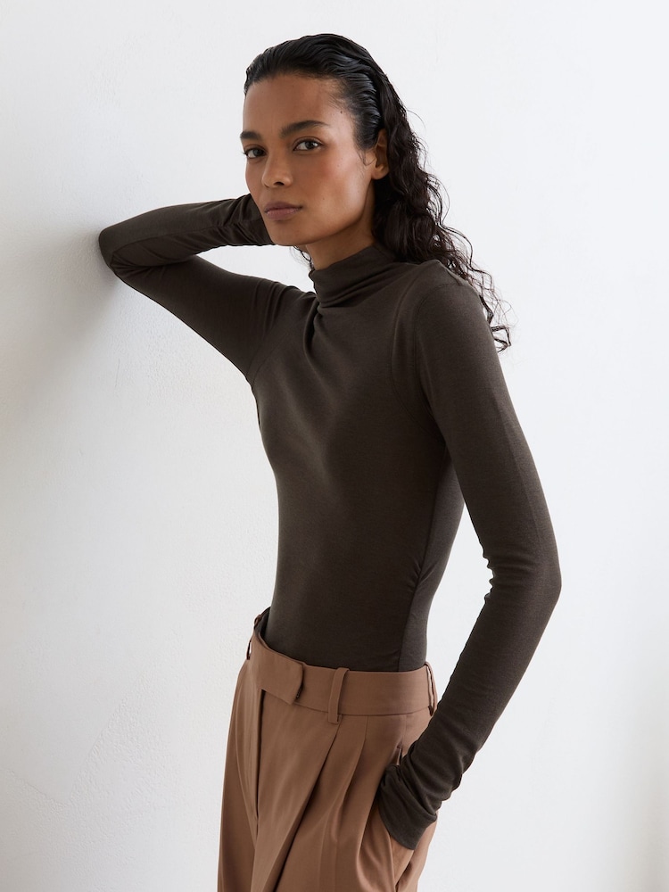 Reiss Chocolate Brown Heidi Lyocell-Wool Ruched Mock-Neck Top - Image 1 of 6