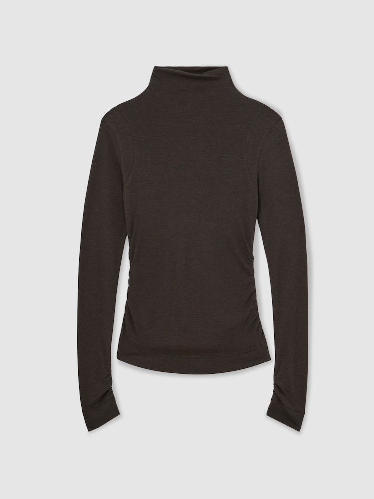 Reiss Chocolate Brown Heidi Lyocell-Wool Ruched Mock-Neck Top - Image 2 of 6