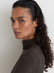 Reiss Chocolate Brown Heidi Lyocell-Wool Ruched Mock-Neck Top - Image 3 of 6