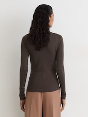 Reiss Chocolate Brown Heidi Lyocell-Wool Ruched Mock-Neck Top - Image 5 of 6